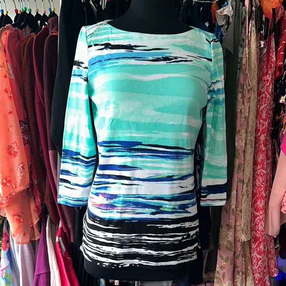 Rafaella Aqua, White, Blue, and Black Striped Blouse size small - Picture 2 of 8